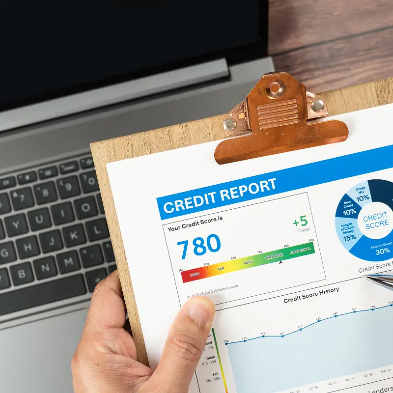 Close-up of a credit score report on a clipboard with a pen.